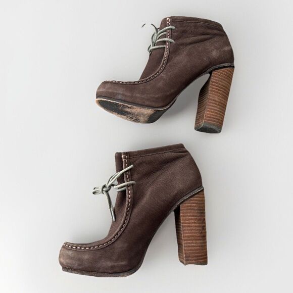 Dolce Vita Brown Suede Stacked Heel Booties Size 7 Heeled Boots Boho Moc Toe - Picture 2 of 8